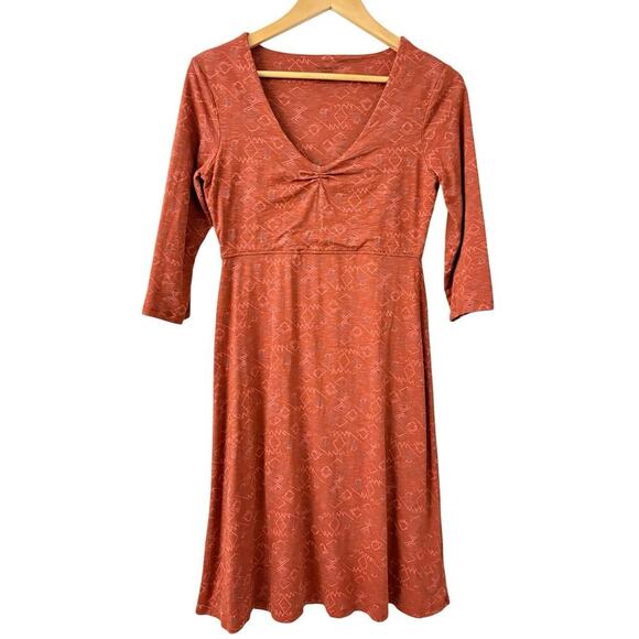 Toad&Co Rosalinda Dress Rust Red Geometric Print Sz S Organic Cotton Tencel - Picture 2 of 6